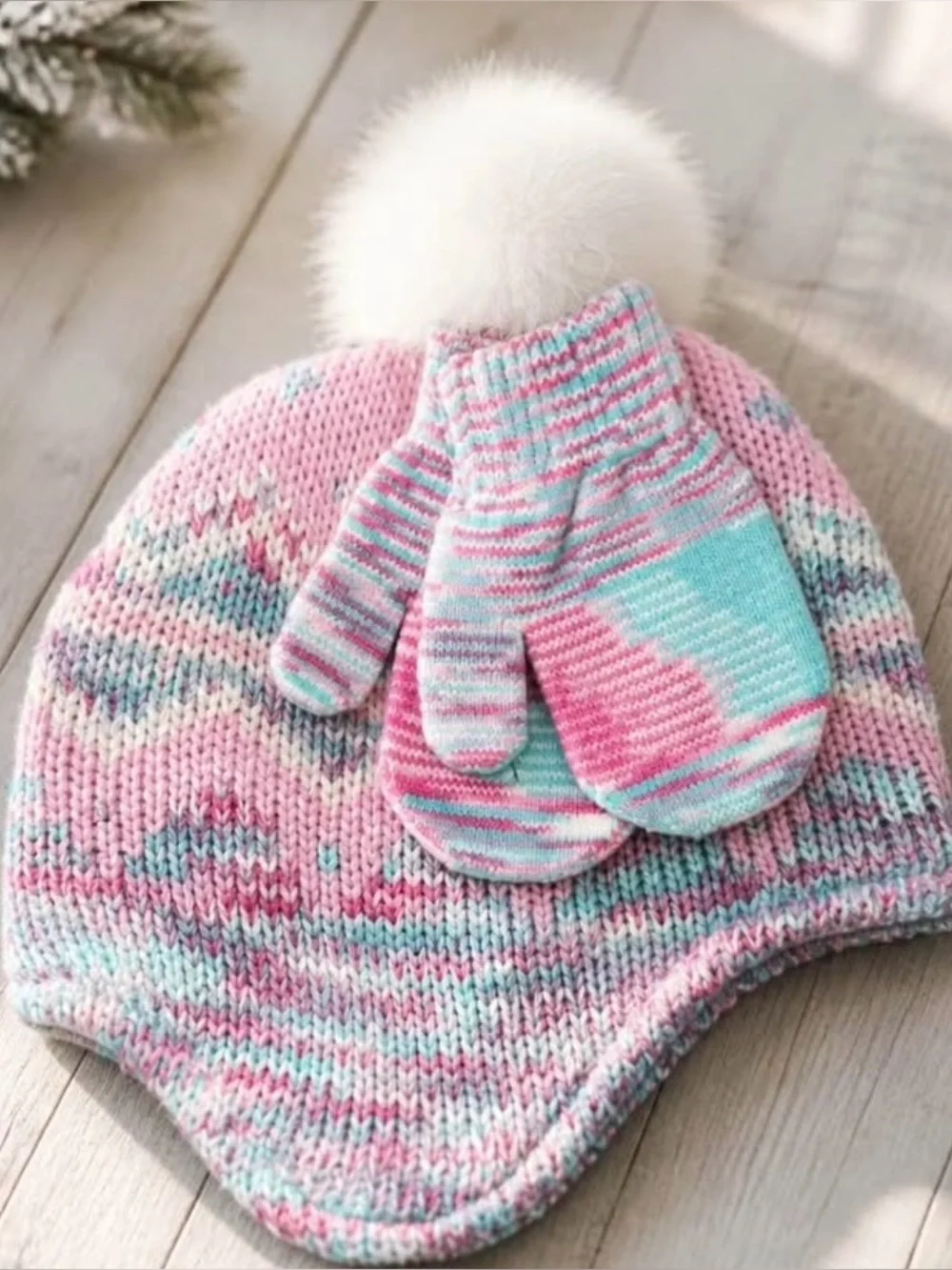 Kids Pom Pom Knit Hat and Mittens Set - Pink & Aqua